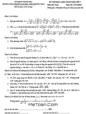 Đề HSG Toán 9 năm 2022 – 2023 trường THPT chuyên Lam Sơn – Thanh Hóa