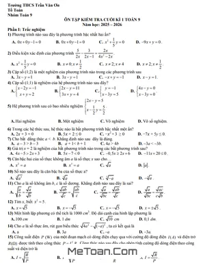 Ôn Tập Cuối Kì 1 Môn Toán 9 Năm Học 2025 – 2026: Đề Cương Trường THCS Trần Văn Ơn – TP.HCM
