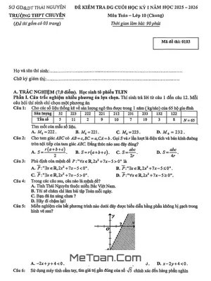 Đề thi cuối học kỳ 1 Toán 10 năm 2025 – 2026 trường THPT chuyên Thái Nguyên