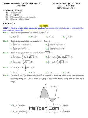 Đề Cương Ôn Tập Giữa Kỳ 2 Môn Toán 12 Năm Học 2025 – 2026 Trường THPT Nguyễn Bỉnh Khiêm 2 – Gia Lai