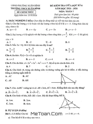 Đề Thi Giữa Học Kỳ 2 Toán 7 Năm 2025-2026 Trường THCS Xuân Đỉnh, Hà Nội