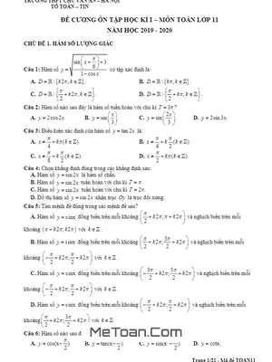 Đề cương ôn tập HK1 Toán 11 năm 2019 - 2020 trường Chu Văn An - Hà Nội