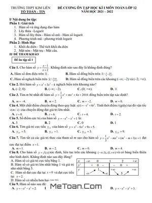 Đề Cương Ôn Tập Học Kì 1 Toán 12 Năm 2021 - 2022 Trường THPT Kim Liên - Hà Nội