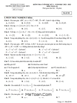 Đề thi học kỳ 1 Toán 10 năm 2022 – 2023 trường THPT Phan Ngọc Hiển – Cà Mau