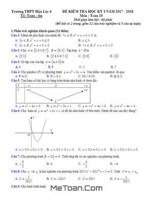 Đề thi HK1 Toán 10 năm học 2017 - 2018 trường THPT Hậu Lộc 4 - Thanh Hóa