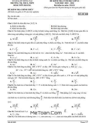 Đề thi HK1 Toán 12 năm 2023 - 2024 trường Đinh Tiên Hoàng - Đồng Nai (có đáp án)