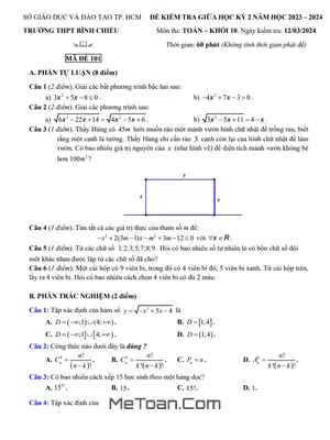 Đề giữa kỳ 2 Toán 10 năm 2023 - 2024 trường THPT Bình Chiểu - TP HCM