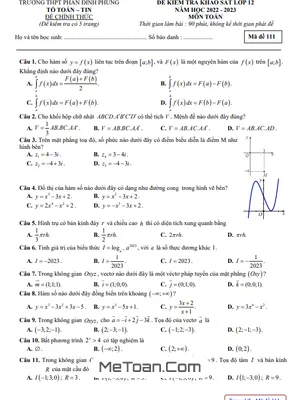 Đề khảo sát Toán 12 năm 2022 – 2023 trường THPT Phan Đình Phùng – Hà Nội