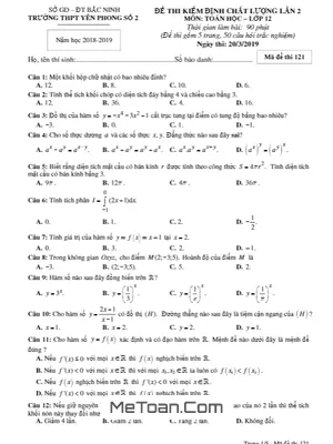 Đề kiểm định Toán 12 lần 2 năm 2018 - 2019 trường THPT Yên Phong 2 - Bắc Ninh