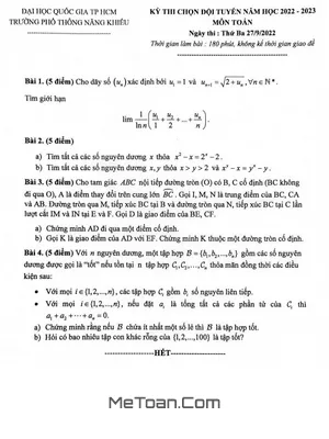 Đề chọn đội tuyển Toán năm 2022 – 2023 trường Phổ thông Năng khiếu – TP HCM
