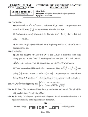 Đề thi HSG Toán 12 cấp tỉnh năm 2017 - 2018 sở GD&ĐT Lai Châu