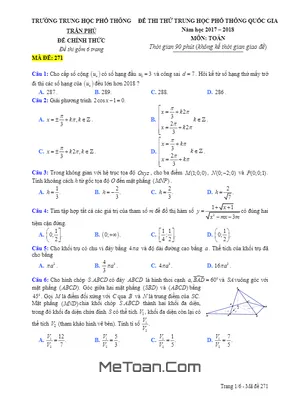Đề thi thử THPT Quốc gia 2018 môn Toán trường THPT Trần Phú - Đà Nẵng