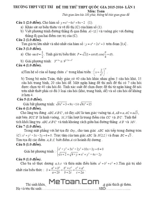 Đề thi thử THPT Quốc gia môn Toán năm 2016 trường THPT Việt Trì - Phú Thọ