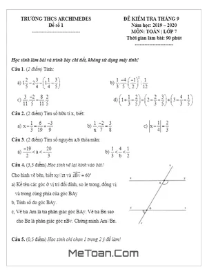 Đề kiểm tra Toán lớp 7 tháng 9 năm 2019 - 2020 trường Archimedes Academy - Hà Nội