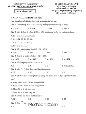 Đề thi học kỳ 1 Toán lớp 6 năm 2023 - 2024 trường THCS Nguyễn Đình Chiểu - Long An