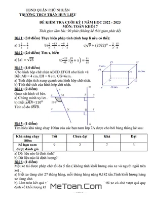Đề Thi Cuối Kỳ 1 Toán Lớp 7 Năm 2022-2023 Trường THCS Trần Huy Liệu - TP.HCM (Có Đáp Án)