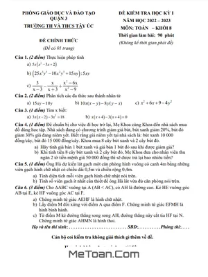 Đề tham khảo học kì 1 Toán 8 năm 2022 – 2023 trường TH – THCS Tây Úc – TP HCM