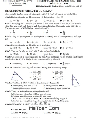 Đề thi học kì 2 Toán lớp 8 năm 2023 - 2024 phòng GD&ĐT Ninh Hòa - Khánh Hòa