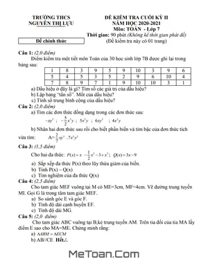 Đề thi học kì 2 Toán 7 năm 2020 - 2021 trường THCS Nguyễn Thị Lựu - Đồng Tháp (có đáp án)