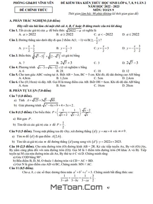 Đề kiểm tra Toán 9 lần 2 năm 2022 - 2023 phòng GD&ĐT Vĩnh Yên - Vĩnh Phúc