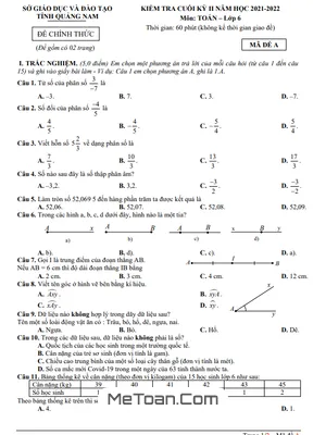 Đề kiểm tra cuối kỳ 2 Toán lớp 6 năm 2021 - 2022 Sở GD&ĐT Quảng Nam