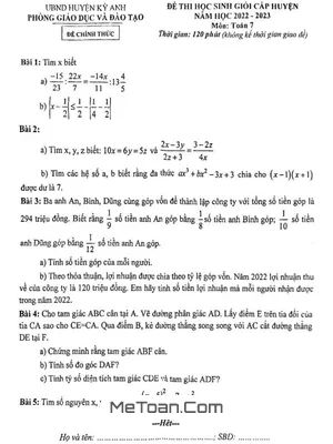 Đề thi học sinh giỏi huyện Toán 7 năm 2022 - 2023 phòng GD&ĐT Kỳ Anh - Hà Tĩnh