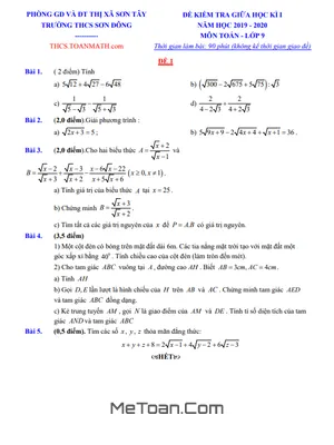 Đề thi giữa kì 1 Toán 9 năm 2020 - 2021 trường THCS Sơn Đông - Hà Nội