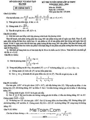 Đề thi tuyển sinh lớp 10 môn Toán năm 2023 - 2024 sở GD&ĐT Hà Nội