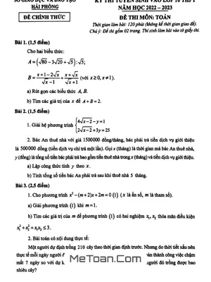 Đề thi tuyển sinh lớp 10 môn Toán năm 2022 - 2023 Sở GD&ĐT Hải Phòng