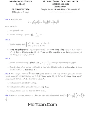 Đề thi Tuyển sinh Lớp 10 Chuyên Toán Sở GD&ĐT Cao Bằng Năm Học 2020 - 2021