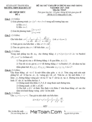 Đề thi thử Toán vào lớp 10 THPT Đào Duy Từ - Thanh Hóa năm 2017-2018 có lời giải
