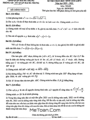 Đề thi học sinh giỏi Toán 9 năm 2022 - 2023 phòng GD&ĐT Hai Bà Trưng - Hà Nội