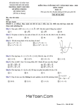 Đề Thi Cuối Kỳ 1 Toán 10 Năm 2024 - 2025 Trường Chuyên Lê Hồng Phong - TP. HCM
