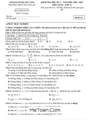 Đề thi học kỳ 1 Toán 11 năm 2024 - 2025 trường THPT Chu Văn An - Quảng Nam
