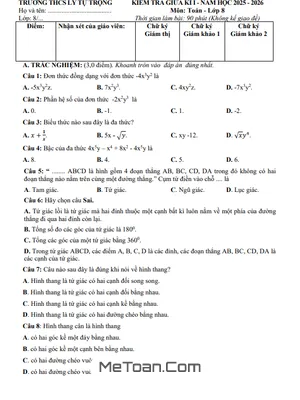 Tải Đề Thi Giữa Kỳ 1 Toán 8 Năm 2025-2026 THCS Lý Tự Trọng (Đà Nẵng) Có Đáp Án