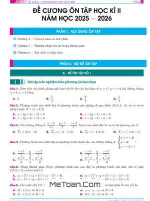 Đề cương Học kì 2 Toán 12 (2025-2026) THPT Yên Viên, Hà Nội - Tài liệu ôn tập chuẩn