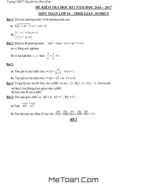 Đề thi HK1 Toán 10 năm học 2016 - 2017 trường THPT Nguyễn Thị Minh Khai - TP.HCM