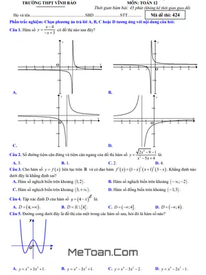 Đề Thi Cuối Kì 1 Toán 12 Năm 2023 - 2024 Trường THPT Vĩnh Bảo - Hải Phòng