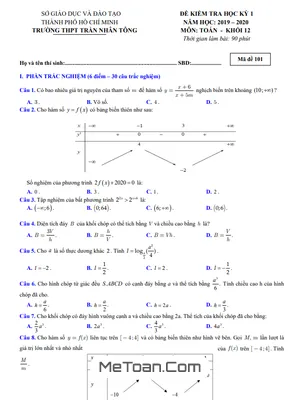 Đề thi HK1 Toán 12 năm 2019 - 2020 trường THPT Trần Nhân Tông - TP.HCM