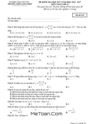 Đề thi HK1 Toán 12 năm học 2016 - 2017 trường THPT Gang Thép - Thái Nguyên
