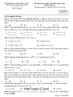 Đề giữa kỳ 1 Toán 11 năm 2022 – 2023 trường THPT Phan Ngọc Hiển – Cà Mau