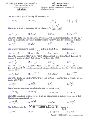 Đề thi KSCL lần 2 Toán 12 năm 2018 - 2019 trường THPT Cộng Hiền - Hải Phòng