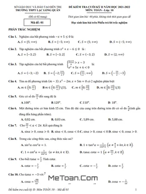 Đề thi học kỳ 2 Toán 10 năm 2021 - 2022 trường Lạc Long Quân - Bến Tre (có đáp án)