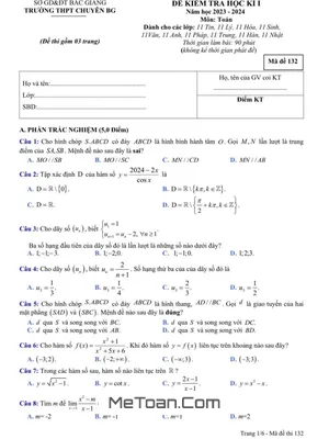 Đề thi học kì 1 Toán 11 năm 2023 - 2024 trường THPT chuyên Bắc Giang