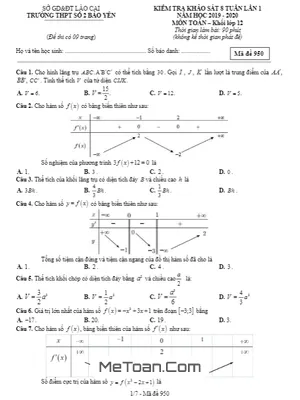 Đề khảo sát 8 tuần lần 1 Toán 12 năm 2019 - 2020 trường Bảo Yên 2 - Lào Cai