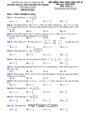 Đề thi giữa kỳ 2 Toán 11 năm 2020 - 2021 trường Nguyễn Tất Thành – Hà Nội
