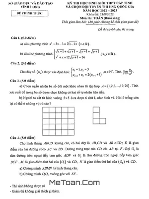 Đề thi HSG Toán THPT cấp tỉnh năm 2022 - 2023 sở GD&ĐT Vĩnh Long