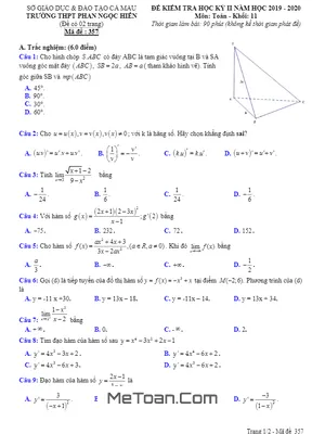 Đề thi HK2 Toán 11 năm 2019 – 2020 trường THPT Phan Ngọc Hiển – Cà Mau (Có đáp án)