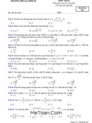 Đề thi thử THPT Quốc gia 2020 môn Toán lần 3 trường Lý Thái Tổ – Bắc Ninh