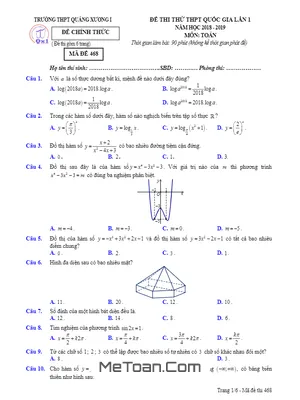 Đề thi thử Toán THPT Quốc gia lần 1 năm 2018 – 2019 trường Quảng Xương 1 – Thanh Hóa